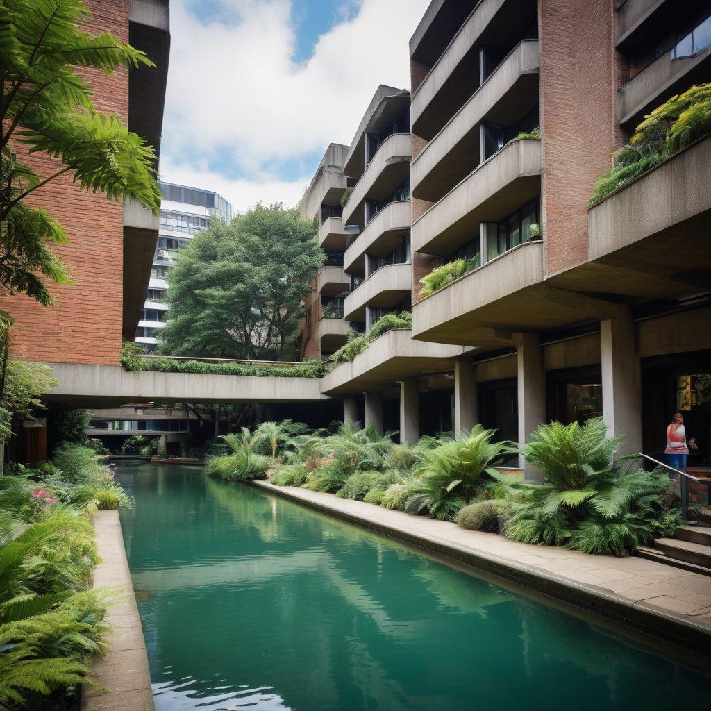 A dynamic scene capturing the iconic Barbican Estate in London, showcasing its brutalist architecture amidst lively cultural events. Include diverse groups of people engaged in artistic activities, like theatre, music performances, and art displays, all surrounded by vibrant greenery and water features. The sky should be clear with sunlight illuminating the estate, creating a warm and inviting atmosphere. super-realistic. vibrant colors. urban landscape.