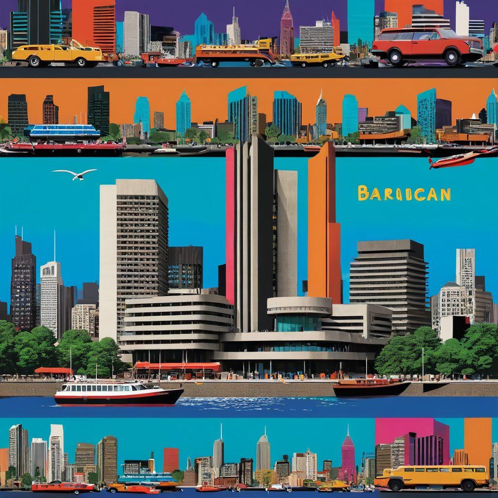 A vibrant collage depicting the Barbican Centre showcasing its iconic brutalist architecture, surrounded by lively art installations, outdoor events, and diverse people engaged in cultural activities. Include a backdrop of London's skyline to highlight its location, with colorful banners and art pieces adding dynamic elements to the scene. super-realistic. vibrant colors. 3D.