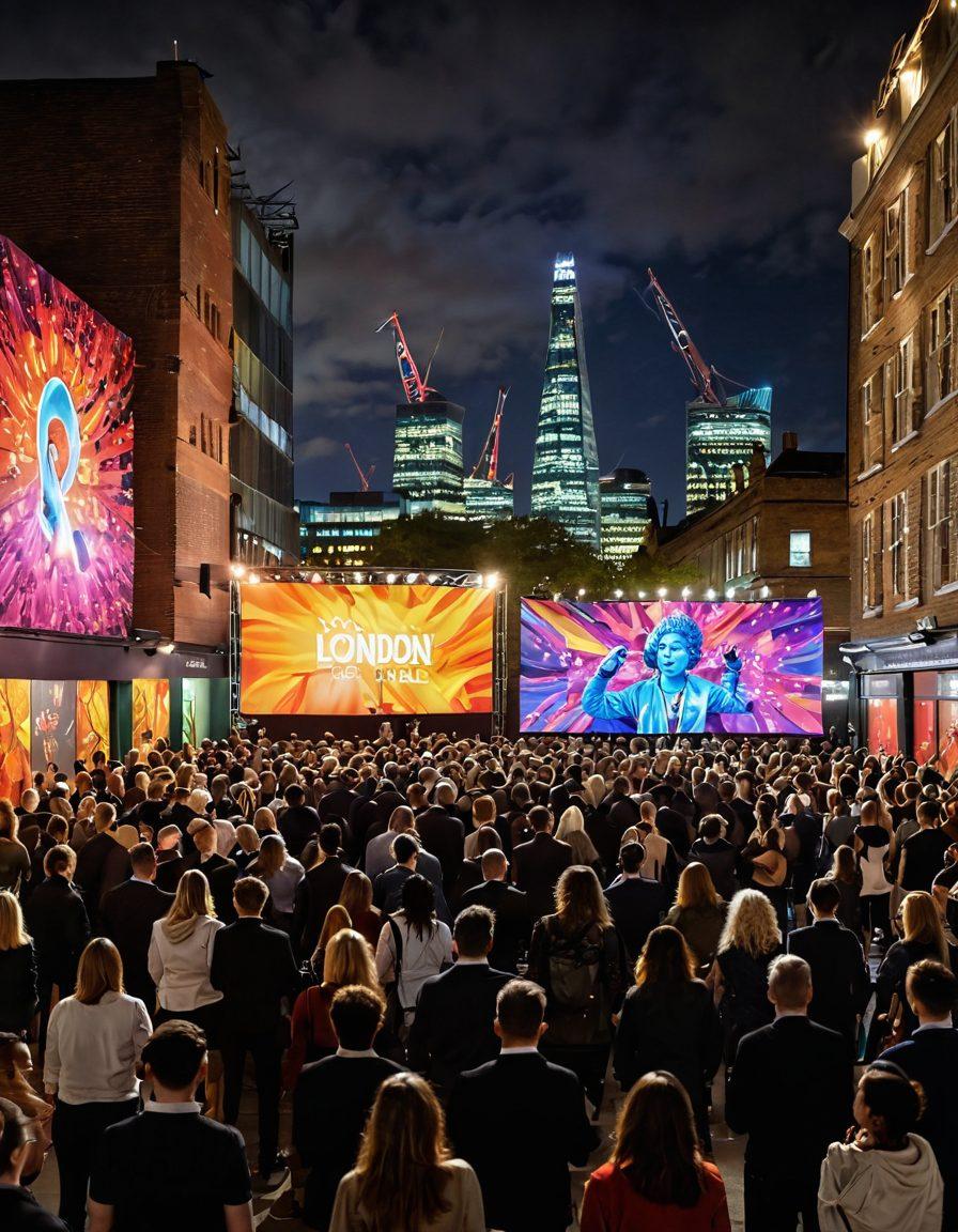 A vibrant scene capturing the essence of London's premier cultural hub, featuring a lively outdoor performance with musicians, dancers, and an art installation in the background. The iconic skyline of London can be seen, with colorful street art adorning the walls. The atmosphere is filled with excitement and creativity, showcasing diverse audiences enjoying the spectacle. Lively festival elements like flags and lights should add to the vibrancy. super-realistic. vibrant colors. 3D.